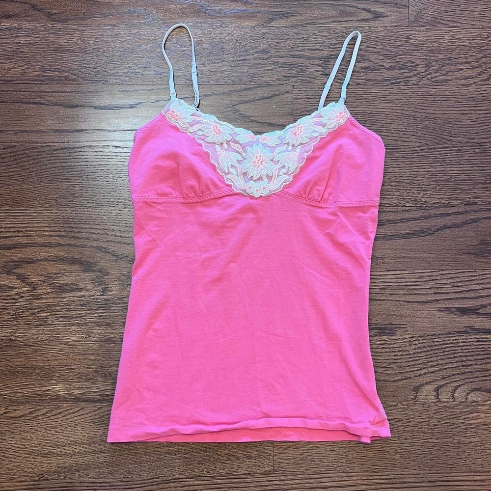 y2k pink and white floral trim baby doll tank small